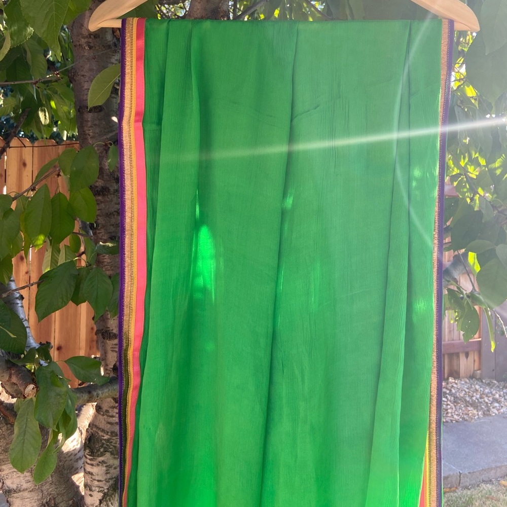 Vibrant Green Sheer Scarf with Multicolor Border - Picture 2 of 7